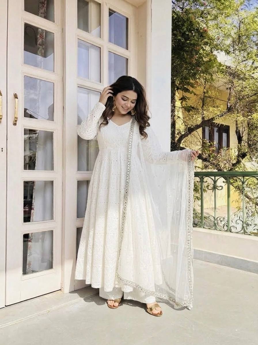 Elegant Ivory White Pure Cotton Anarkali Suit