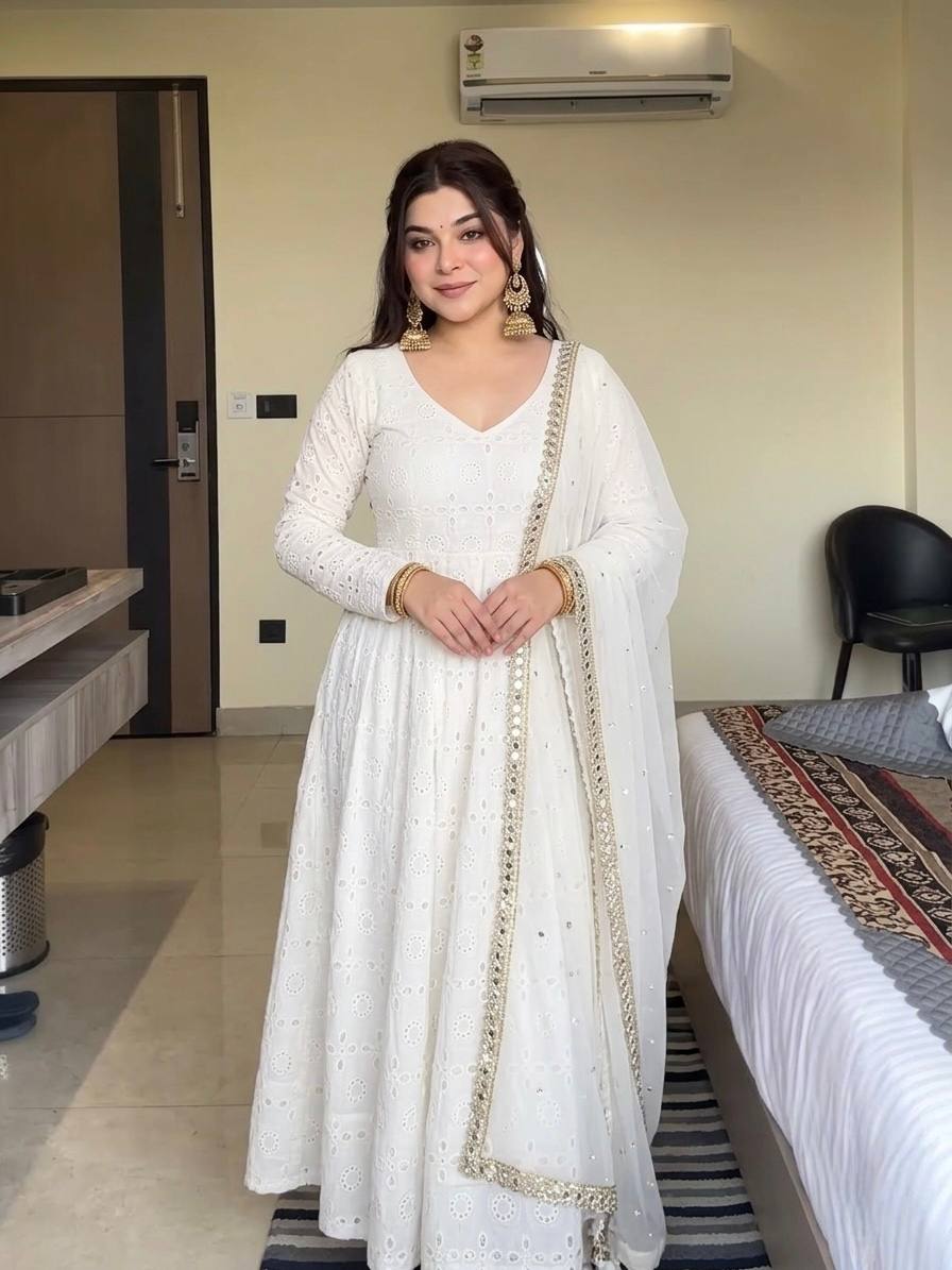 Elegant Ivory White Pure Cotton Anarkali Suit