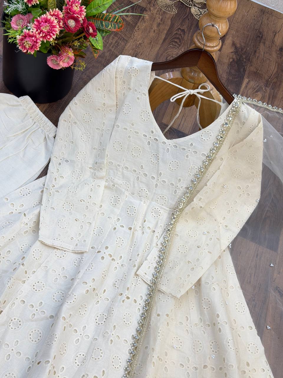 Elegant Ivory White Pure Cotton Anarkali Suit