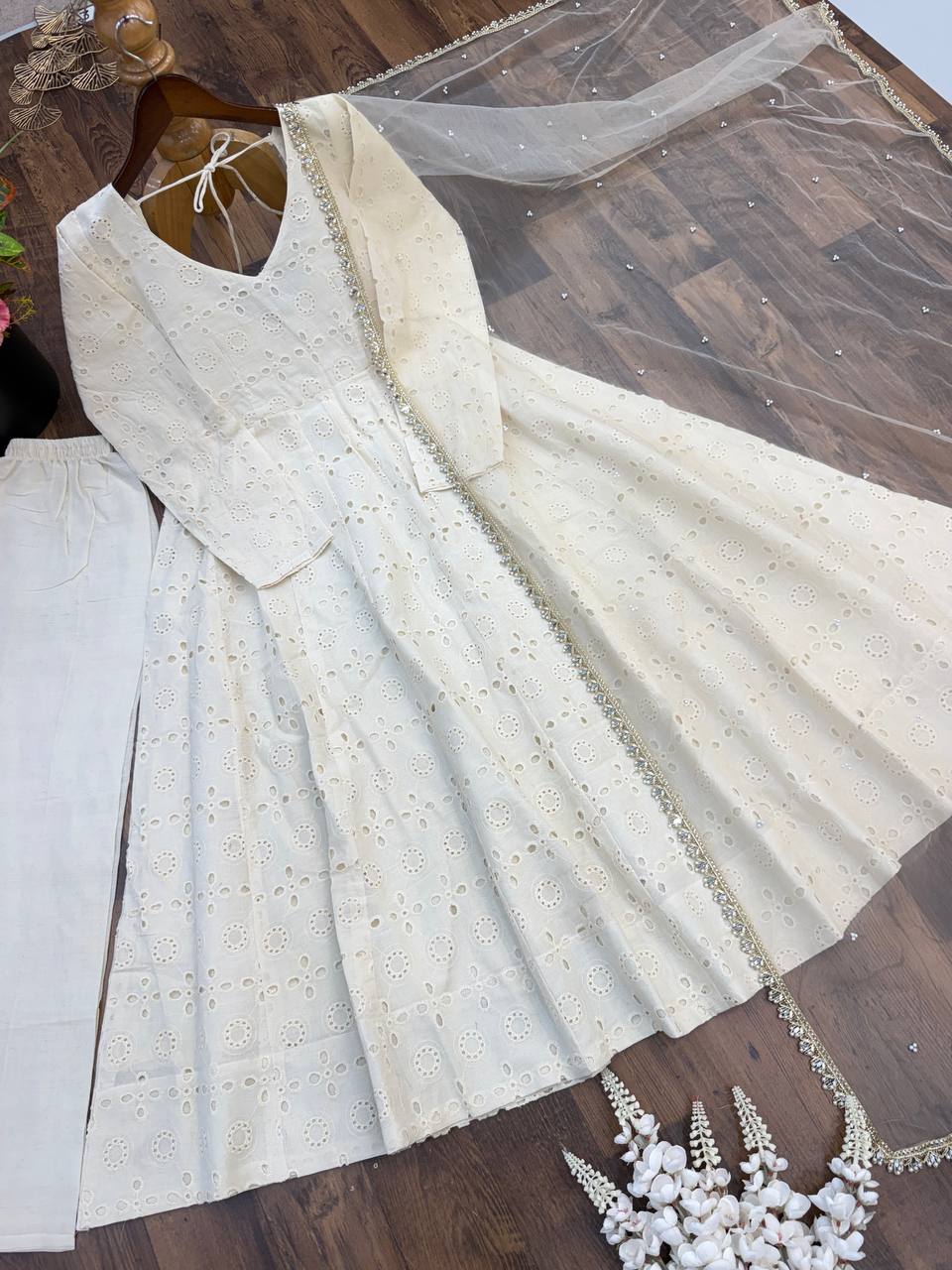 Elegant Ivory White Pure Cotton Anarkali Suit