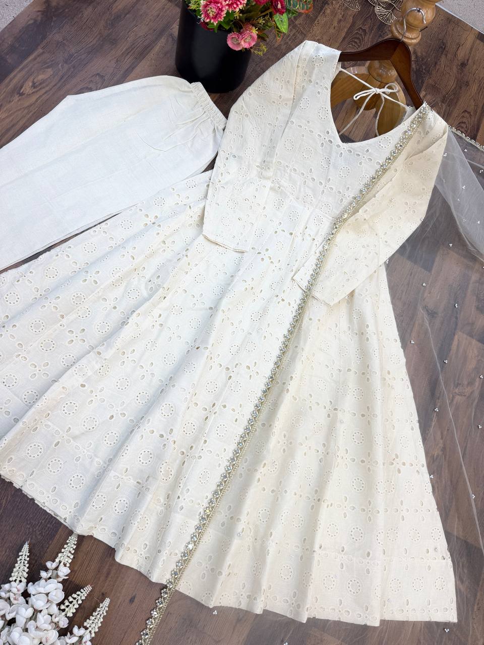 Elegant Ivory White Pure Cotton Anarkali Suit