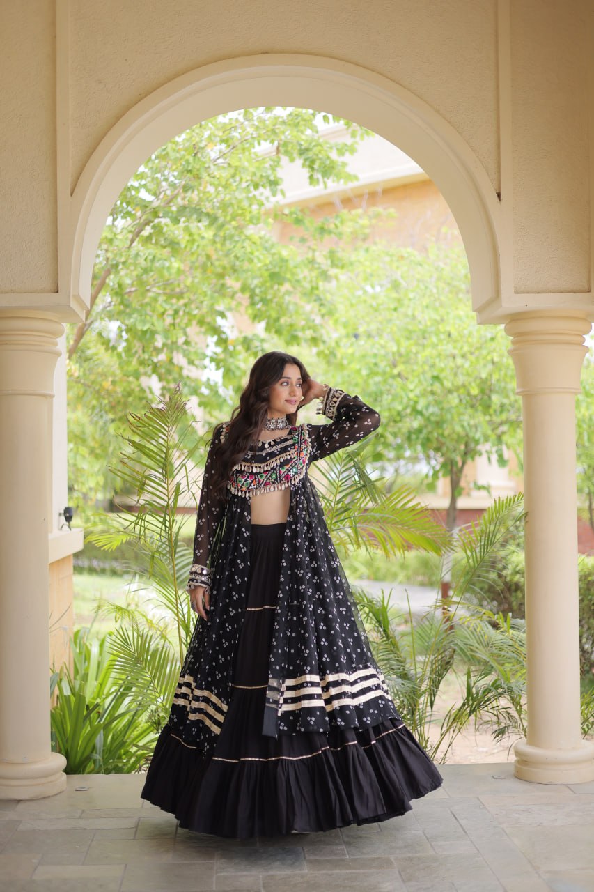 Eesha Black Kora Cotton Bandhni Lehenga & Kurti Set