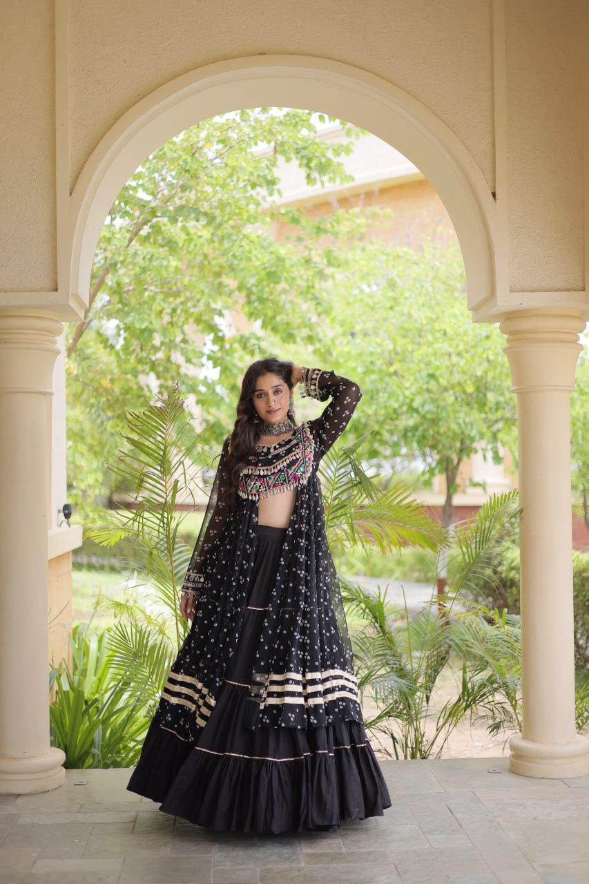 Eesha Black Kora Cotton Bandhni Lehenga & Kurti Set