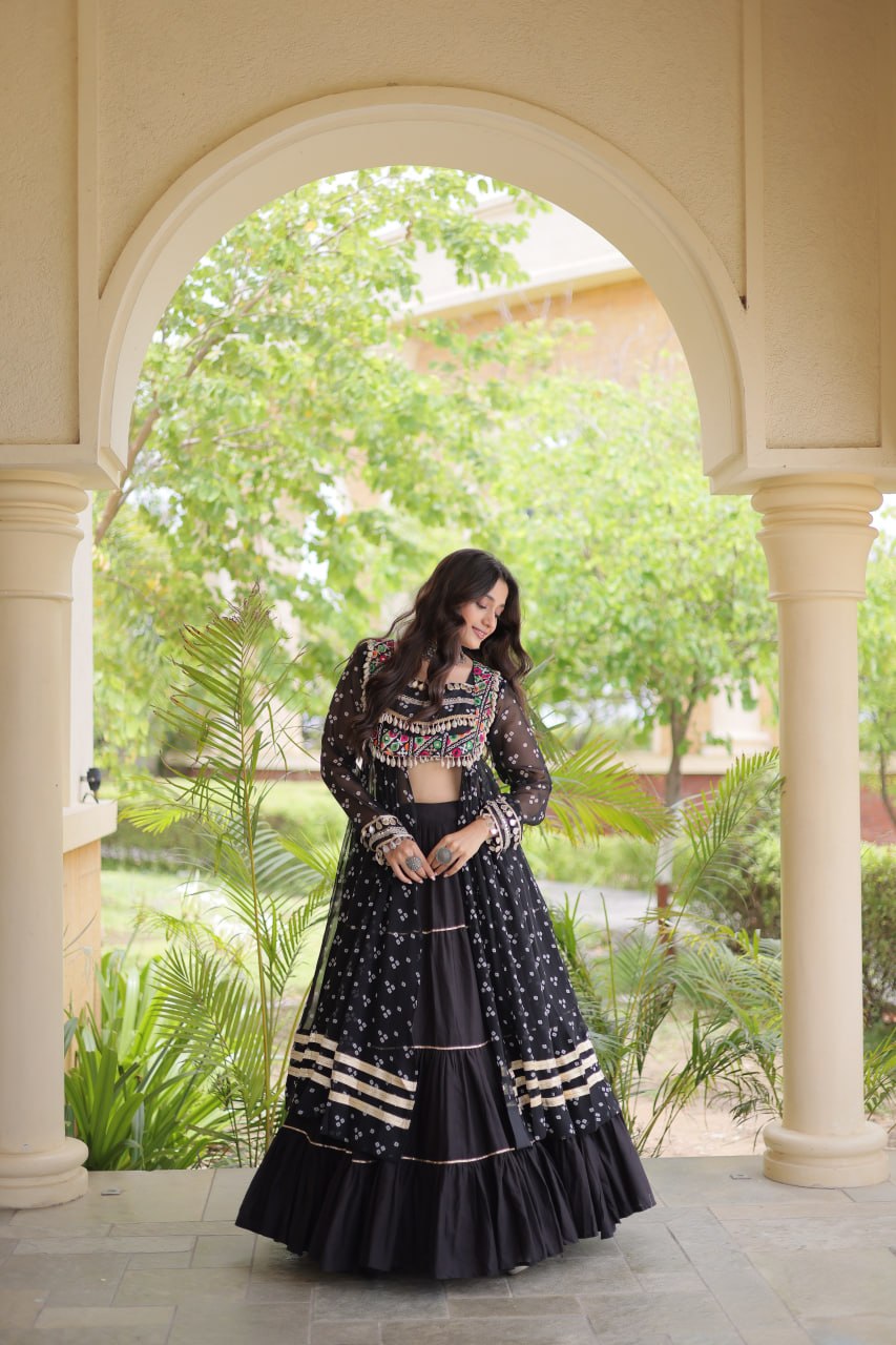 Eesha Black Kora Cotton Bandhni Lehenga & Kurti Set