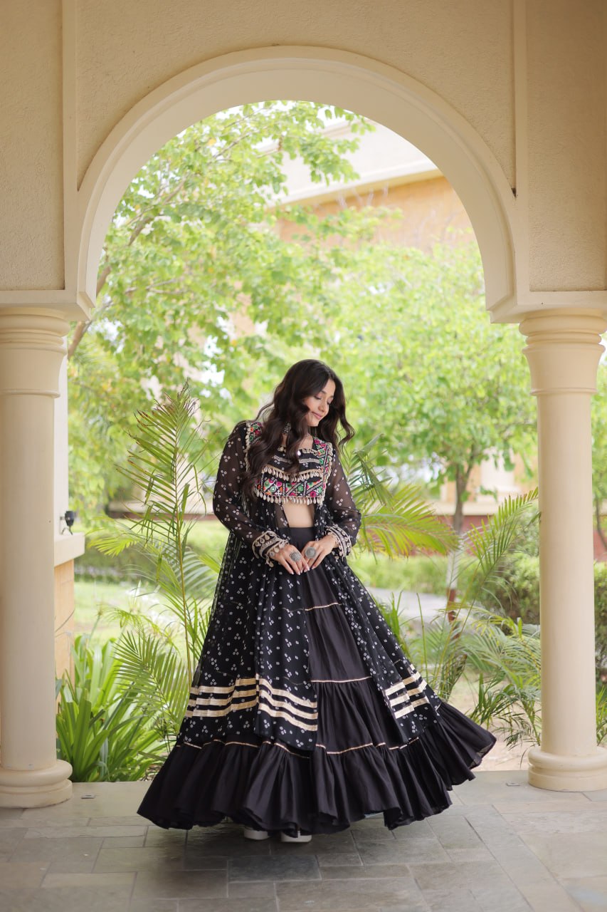 Eesha Black Kora Cotton Bandhni Lehenga & Kurti Set