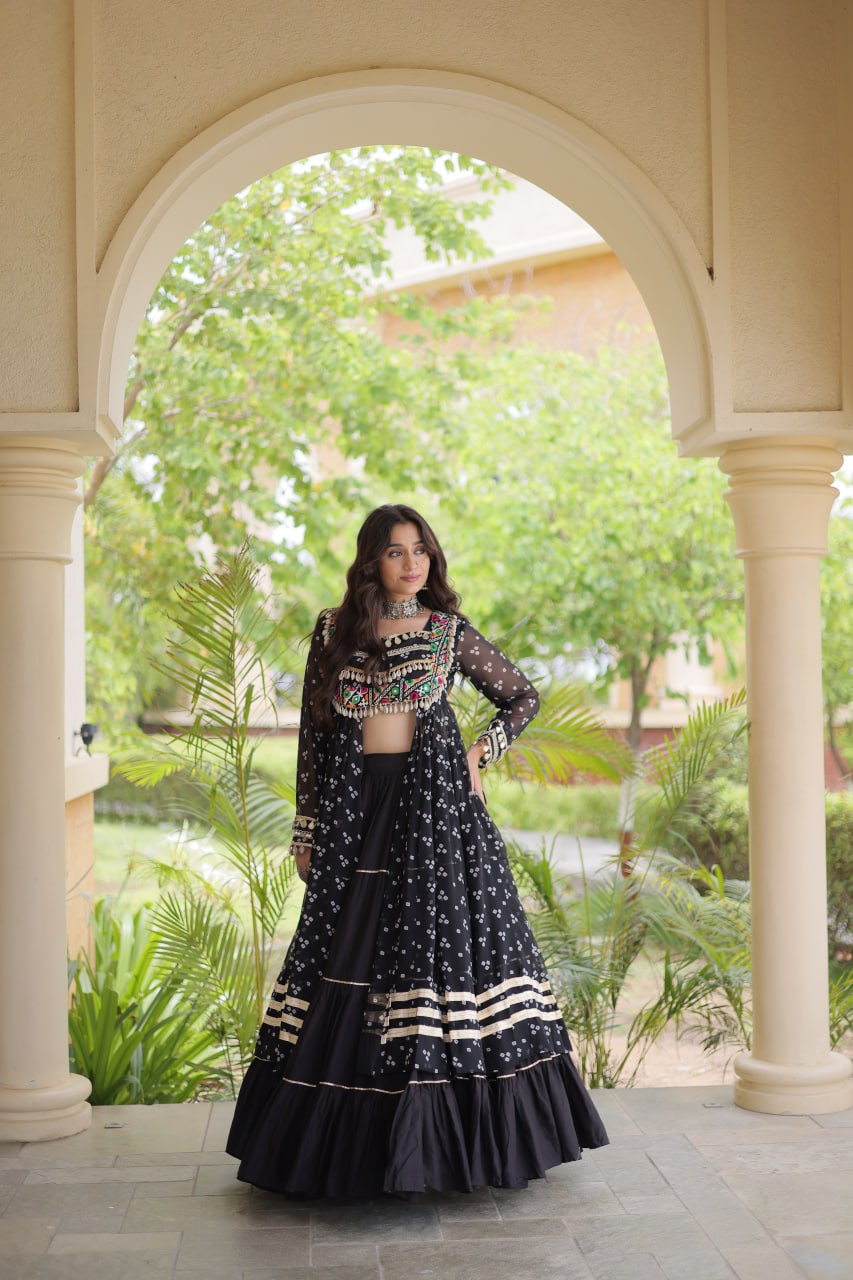 Eesha Black Kora Cotton Bandhni Lehenga & Kurti Set