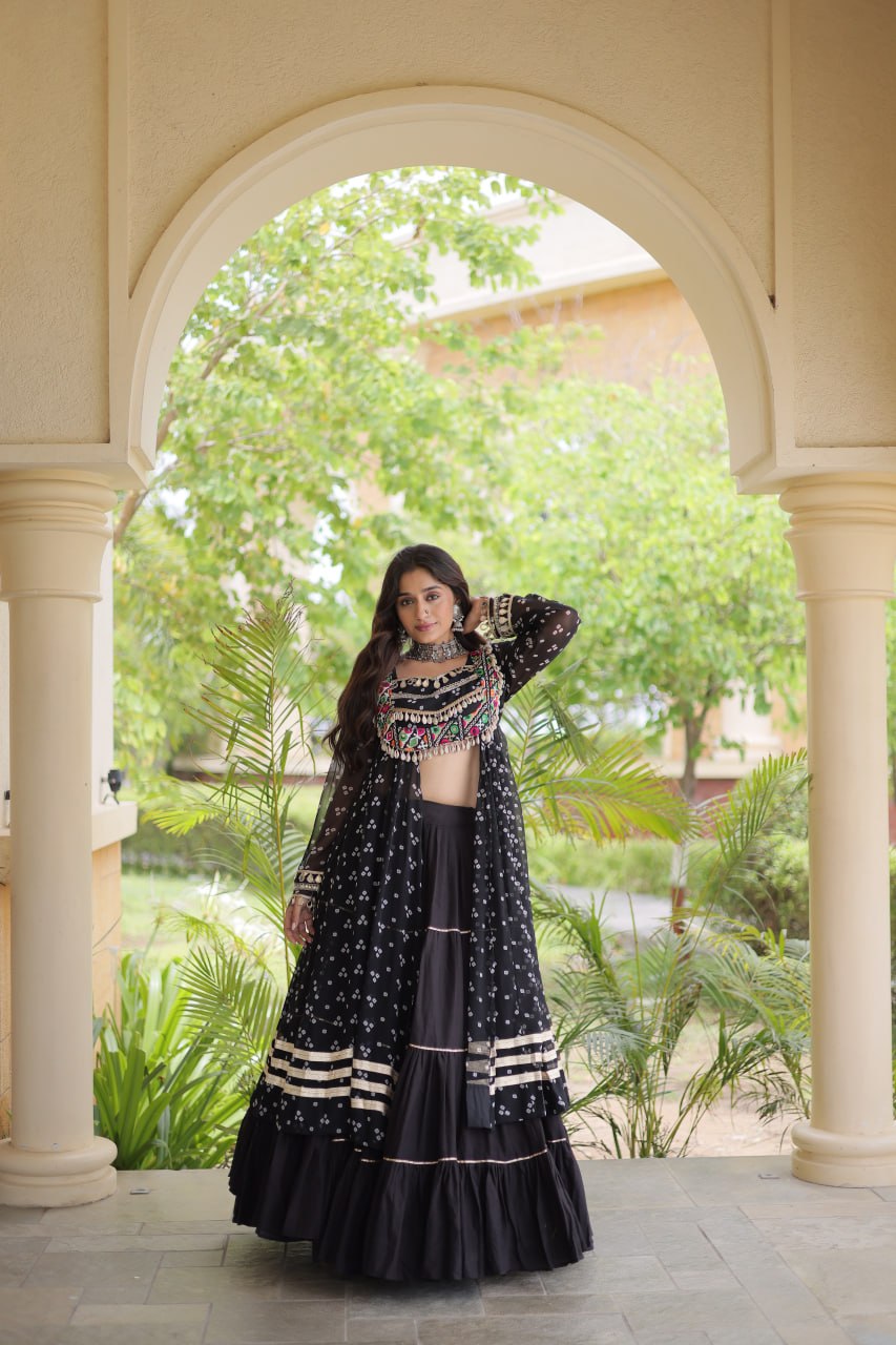 Eesha Black Kora Cotton Bandhni Lehenga & Kurti Set