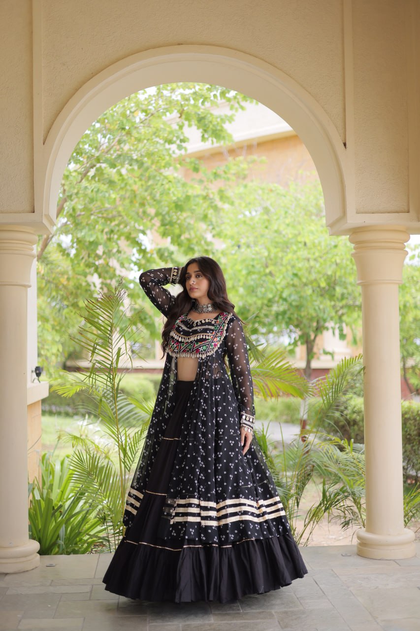 Eesha Black Kora Cotton Bandhni Lehenga & Kurti Set