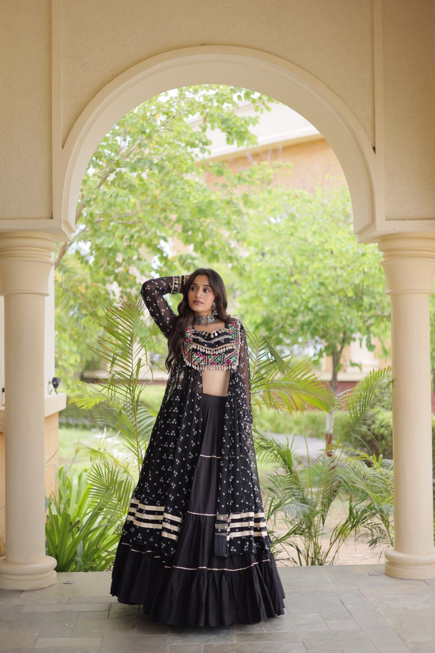 Eesha Black Kora Cotton Bandhni Lehenga & Kurti Set