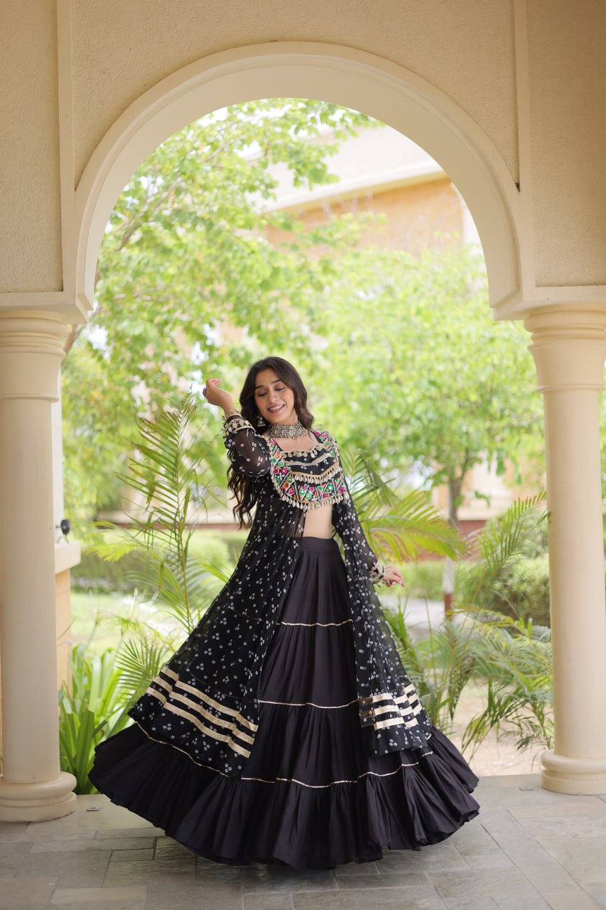 Eesha Black Kora Cotton Bandhni Lehenga & Kurti Set