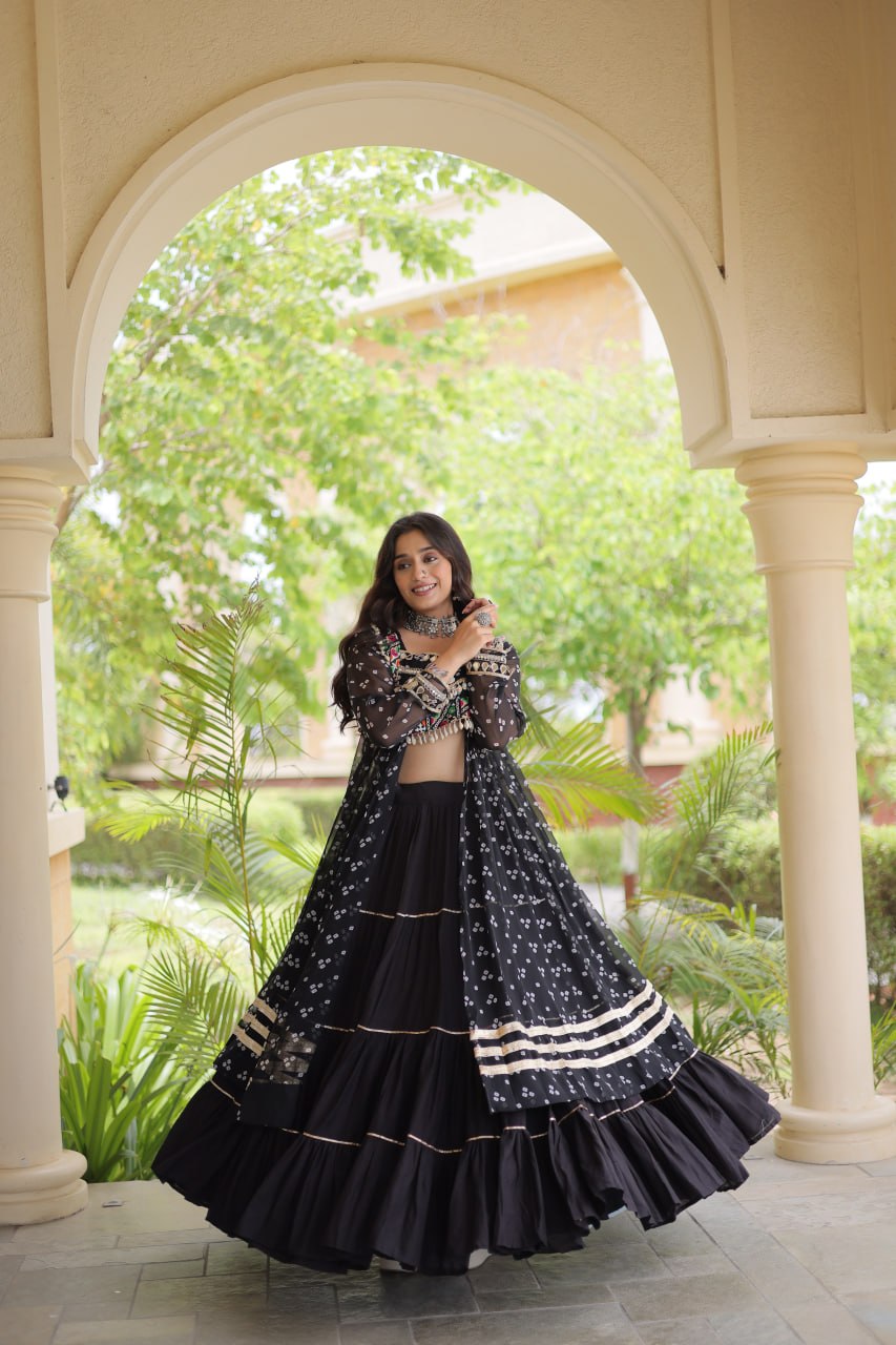 Eesha Black Kora Cotton Bandhni Lehenga & Kurti Set
