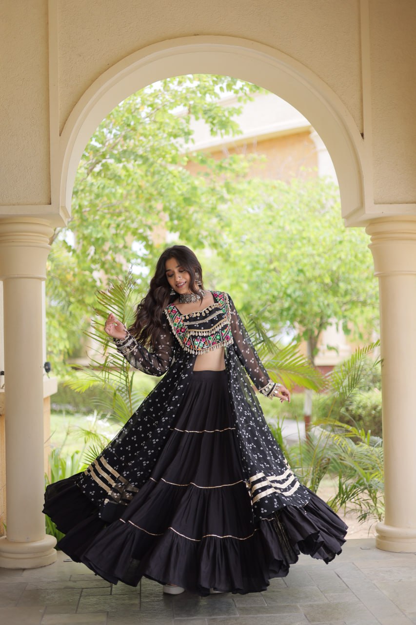 Eesha Black Kora Cotton Bandhni Lehenga & Kurti Set