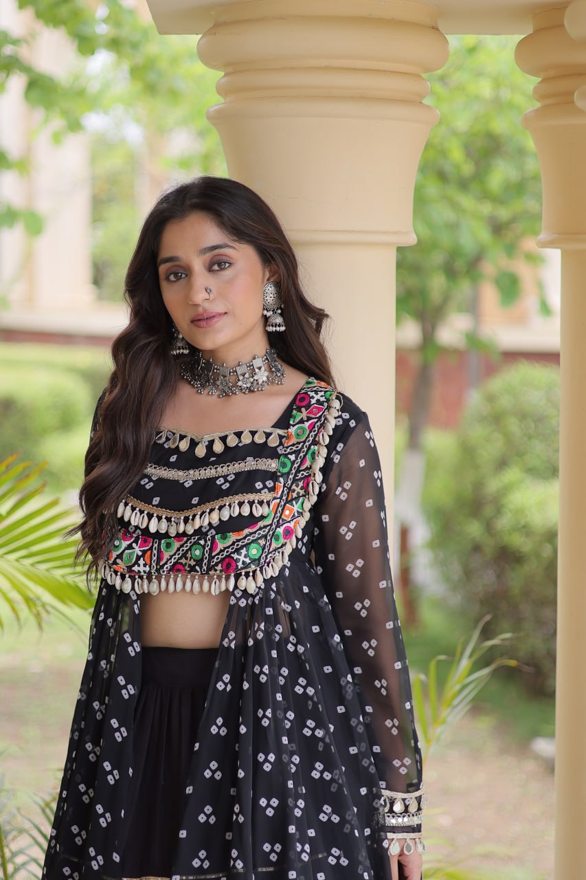 Eesha Black Kora Cotton Bandhni Lehenga & Kurti Set