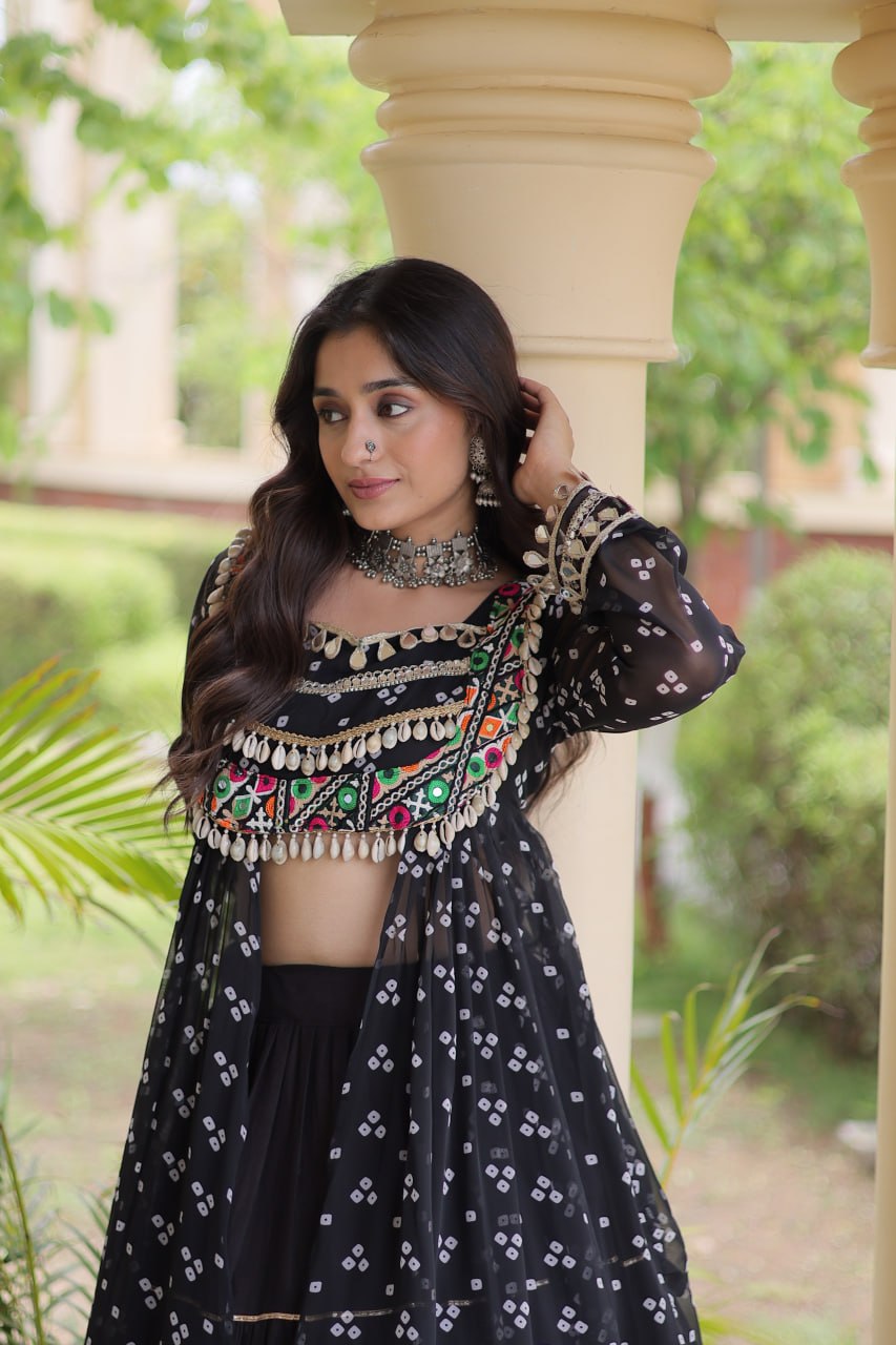 Eesha Black Kora Cotton Bandhni Lehenga & Kurti Set