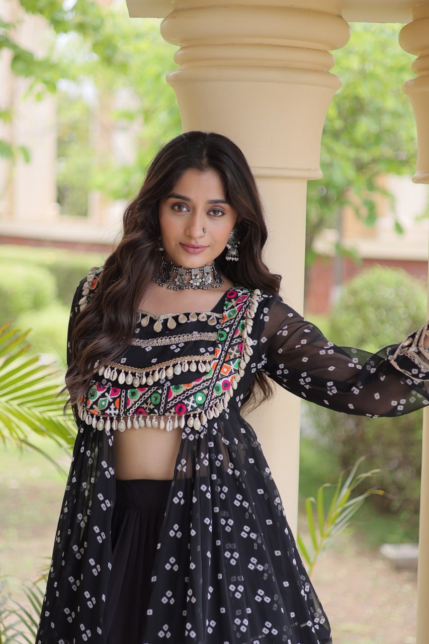 Eesha Black Kora Cotton Bandhni Lehenga & Kurti Set