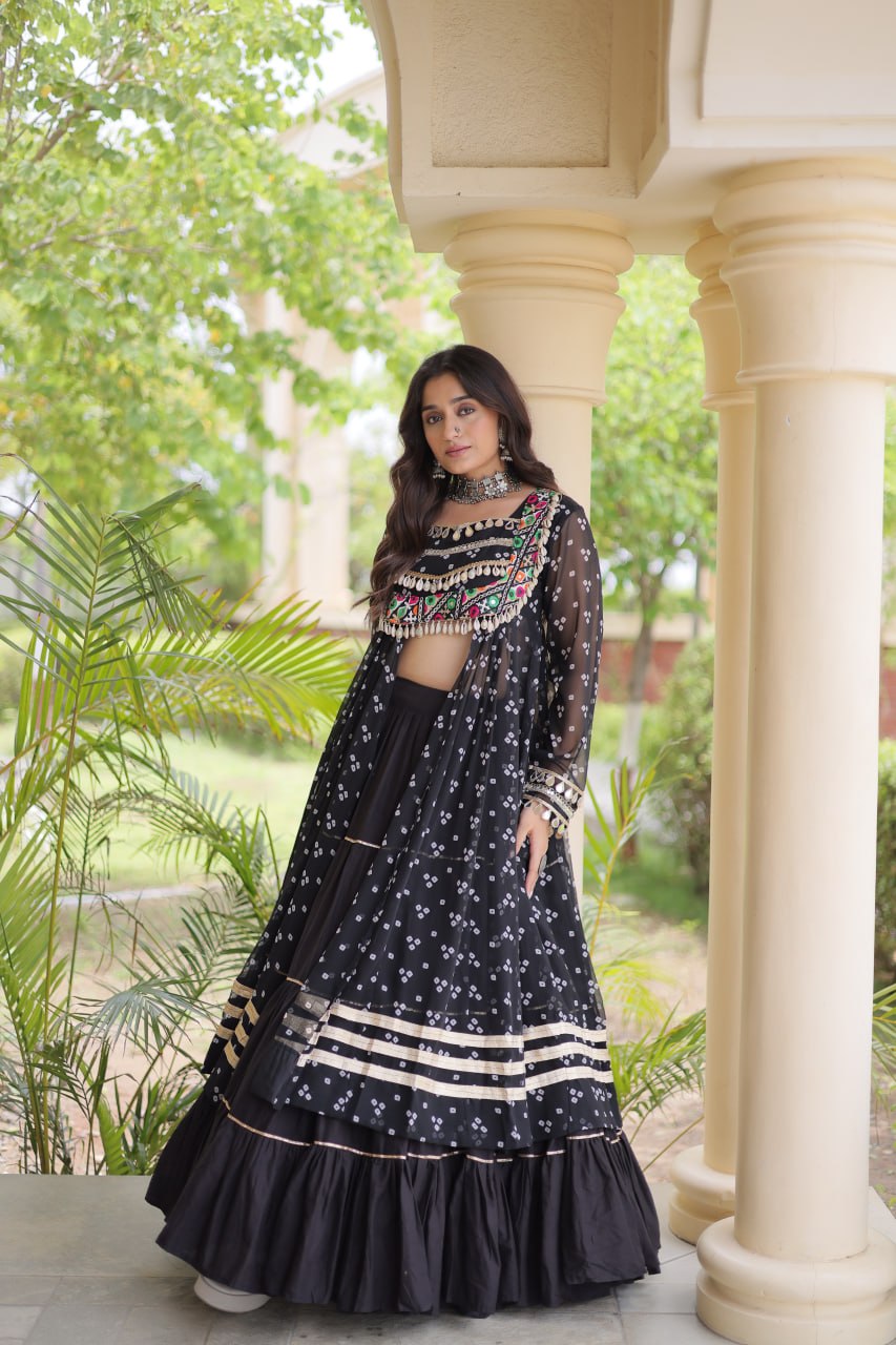Eesha Black Kora Cotton Bandhni Lehenga & Kurti Set