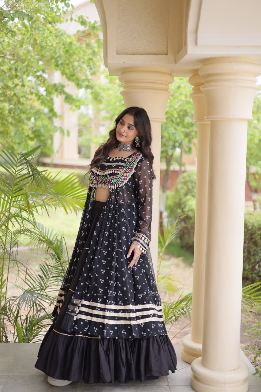 Eesha Black Kora Cotton Bandhni Lehenga & Kurti Set