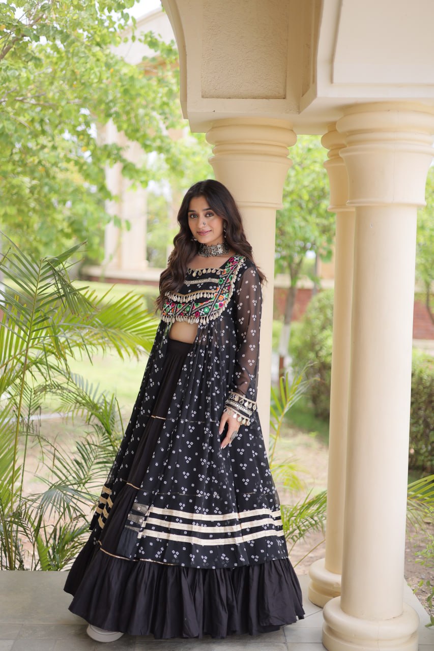 Eesha Black Kora Cotton Bandhni Lehenga & Kurti Set