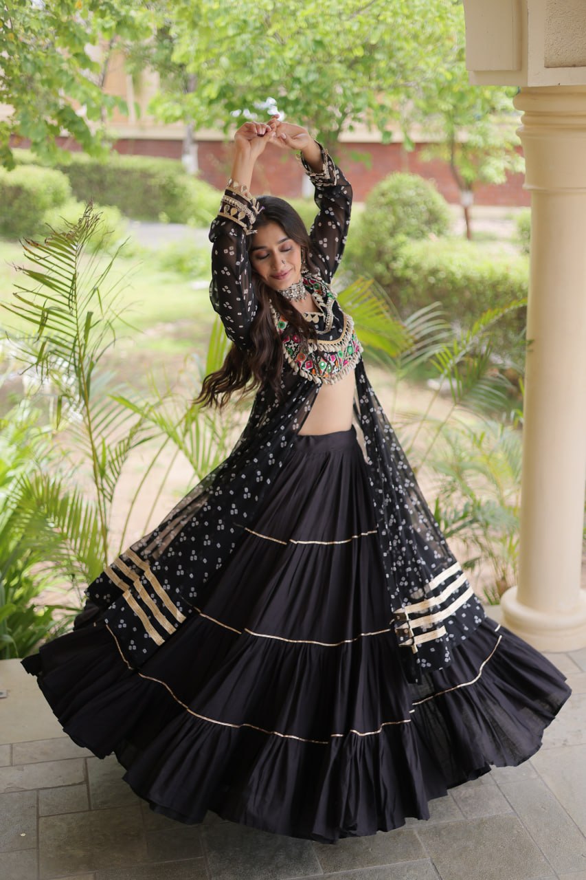 Eesha Black Kora Cotton Bandhni Lehenga & Kurti Set