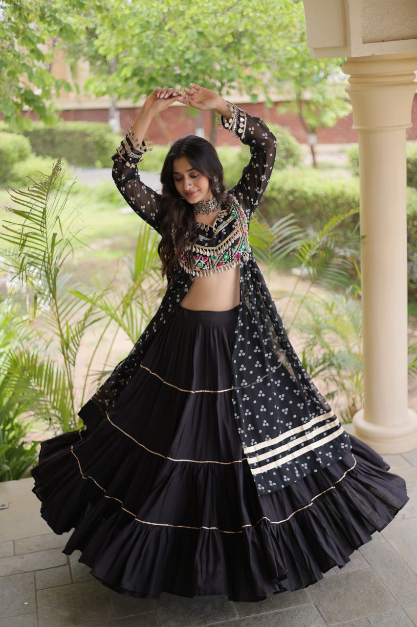 Eesha Black Kora Cotton Bandhni Lehenga & Kurti Set
