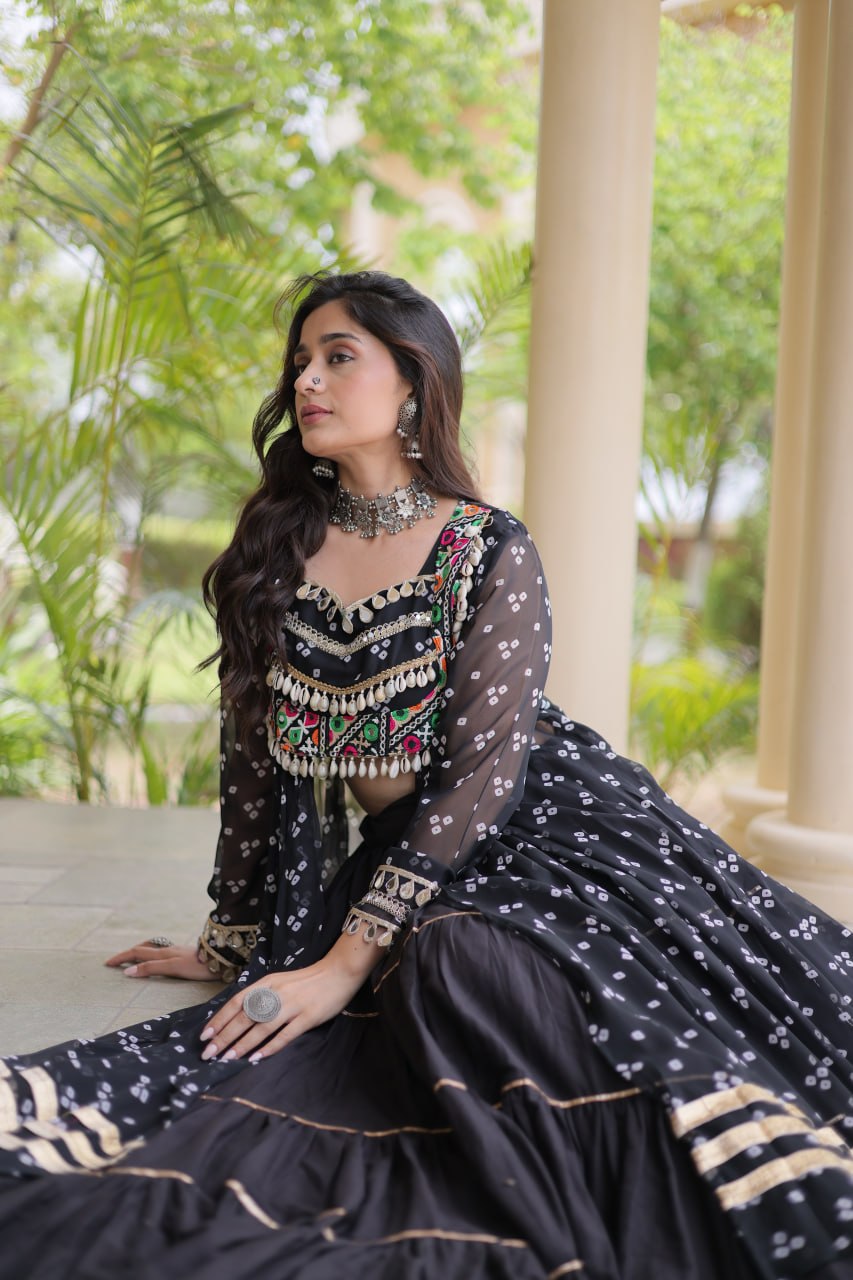 Eesha Black Kora Cotton Bandhni Lehenga & Kurti Set