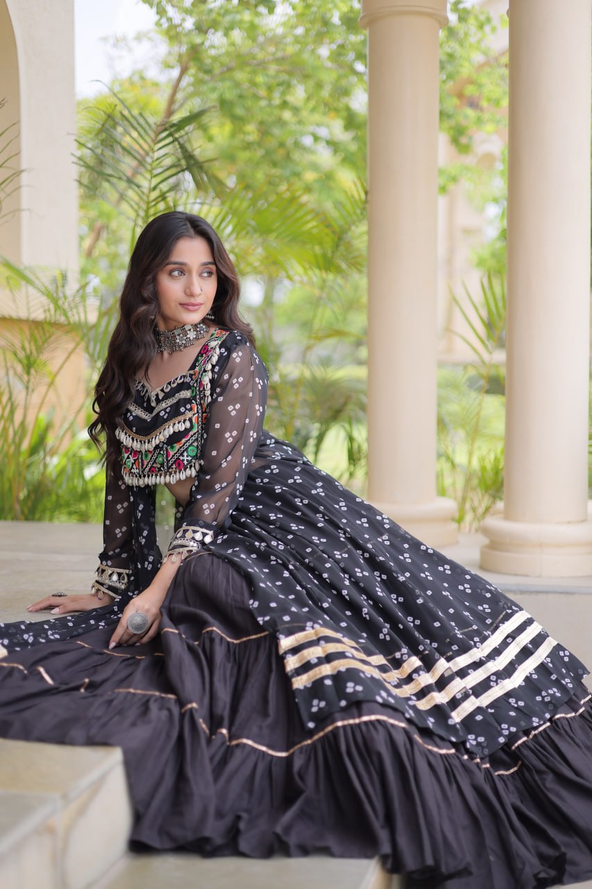 Eesha Black Kora Cotton Bandhni Lehenga & Kurti Set