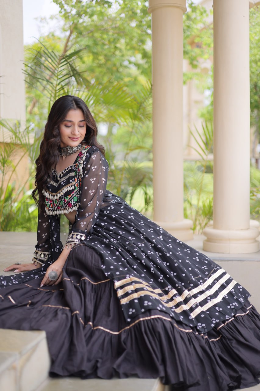 Eesha Black Kora Cotton Bandhni Lehenga & Kurti Set