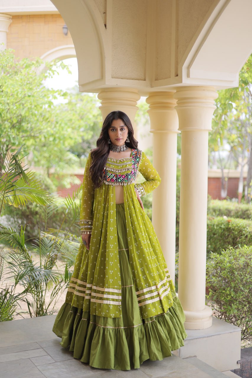 Eesha Green Kora Cotton Bandhni Lehenga & Kurti Set