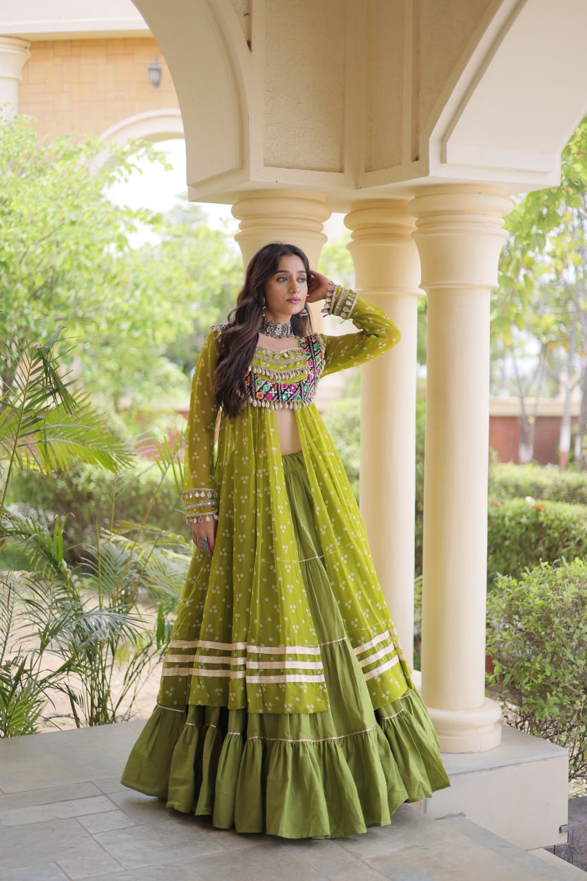 Eesha Green Kora Cotton Bandhni Lehenga & Kurti Set