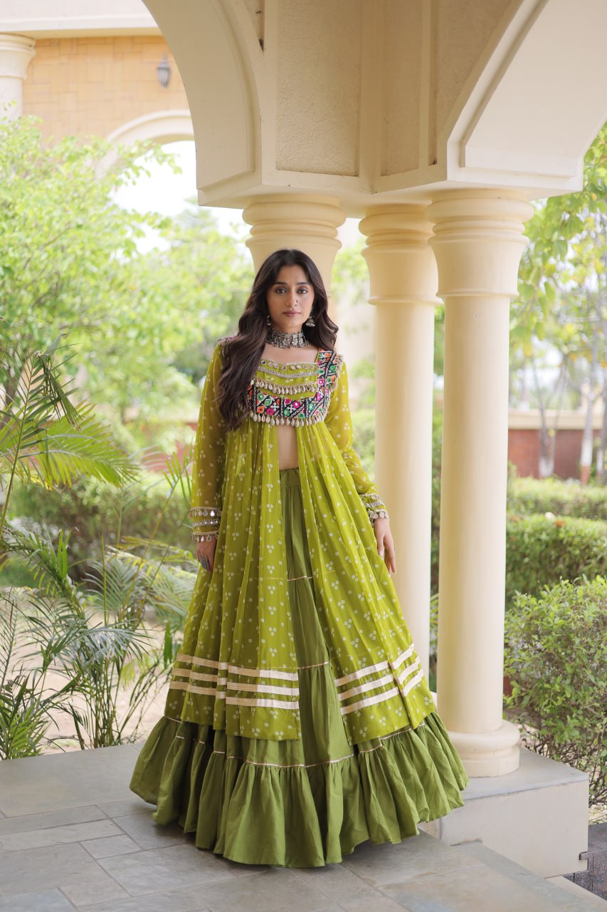 Eesha Green Kora Cotton Bandhni Lehenga & Kurti Set