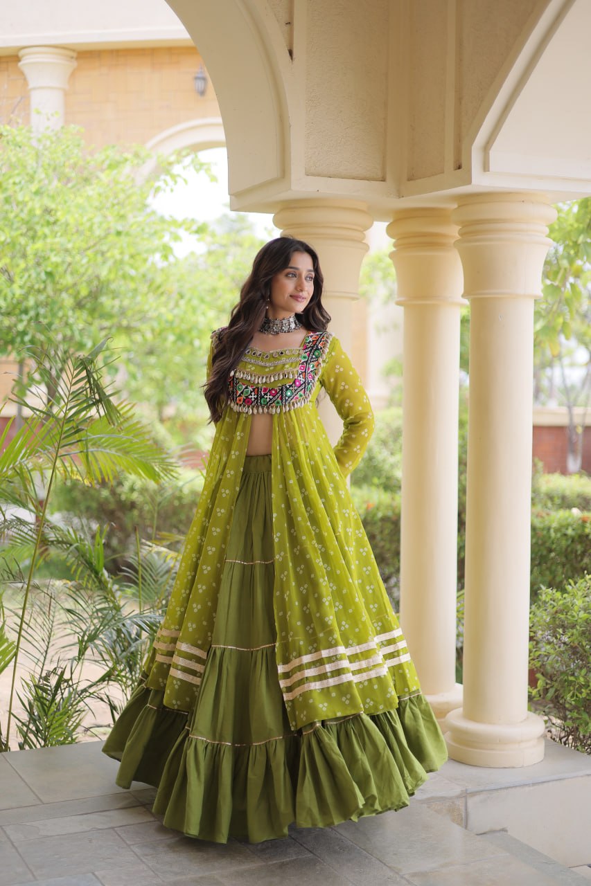 Eesha Green Kora Cotton Bandhni Lehenga & Kurti Set