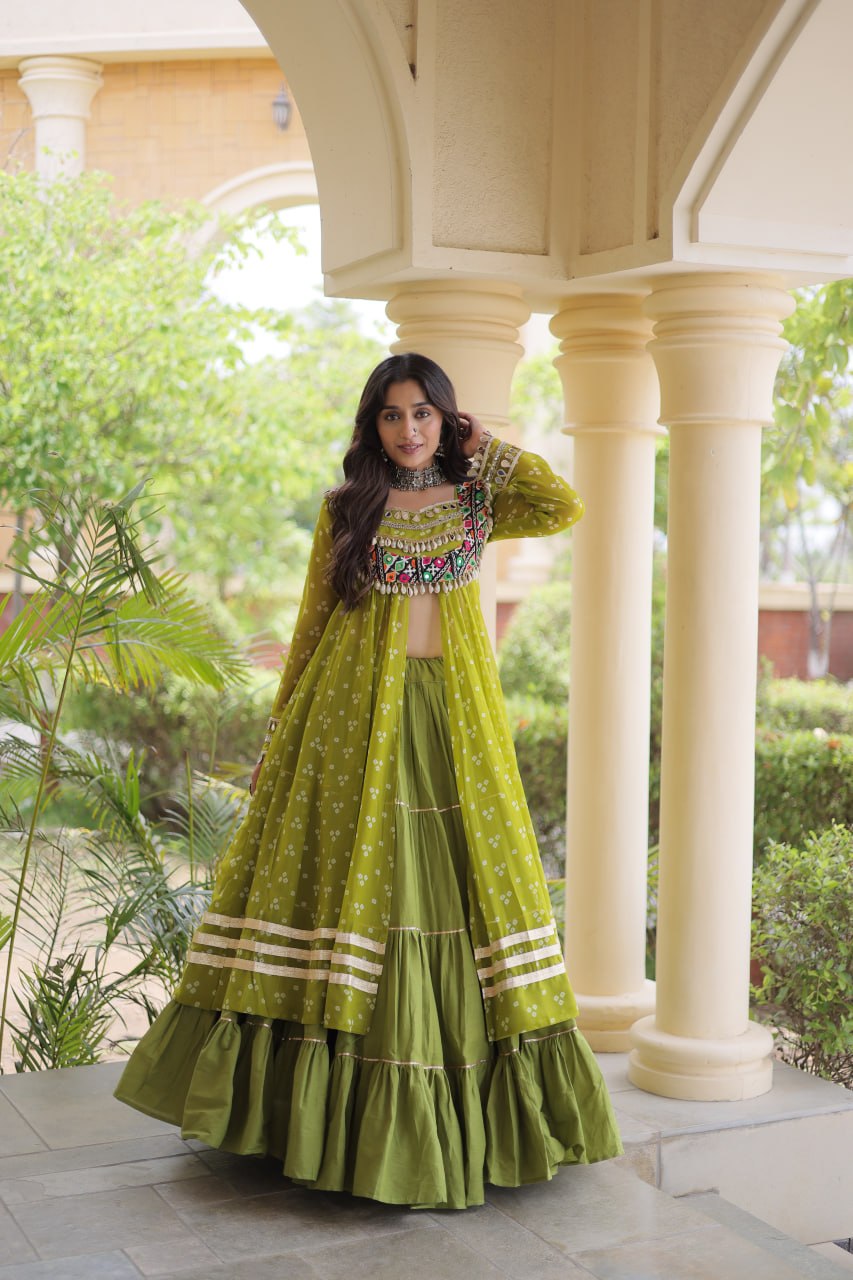 Eesha Green Kora Cotton Bandhni Lehenga & Kurti Set