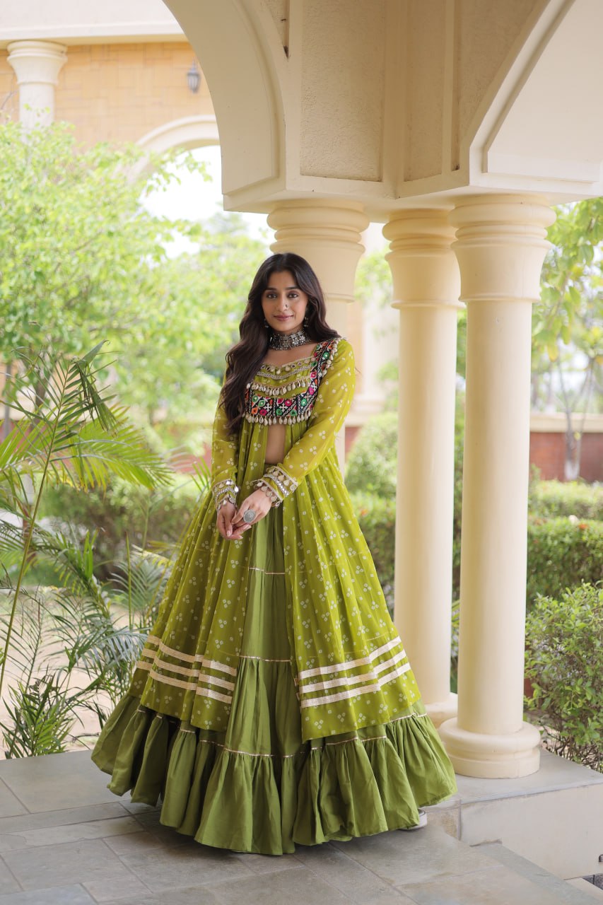Eesha Green Kora Cotton Bandhni Lehenga & Kurti Set