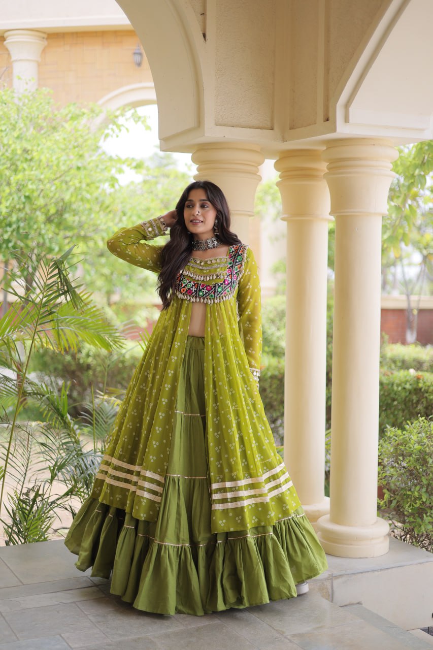 Eesha Green Kora Cotton Bandhni Lehenga & Kurti Set