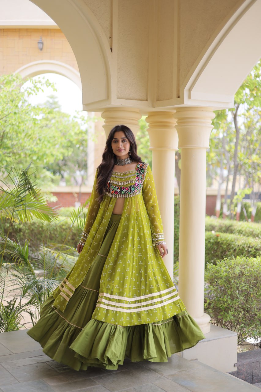 Eesha Green Kora Cotton Bandhni Lehenga & Kurti Set