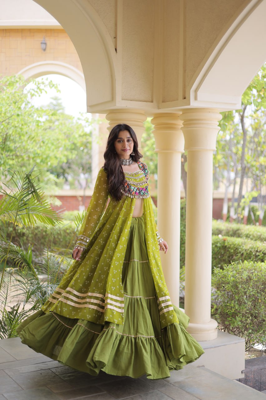 Eesha Green Kora Cotton Bandhni Lehenga & Kurti Set