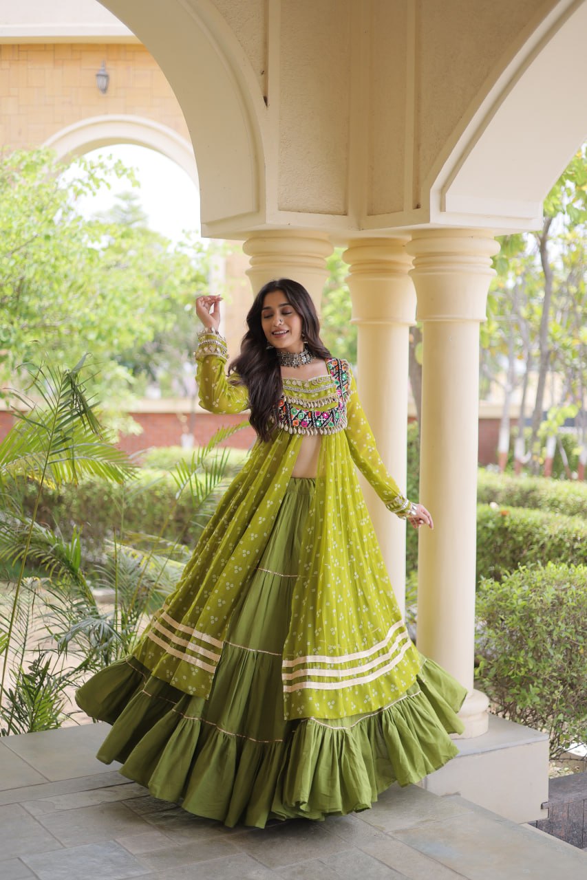 Eesha Green Kora Cotton Bandhni Lehenga & Kurti Set