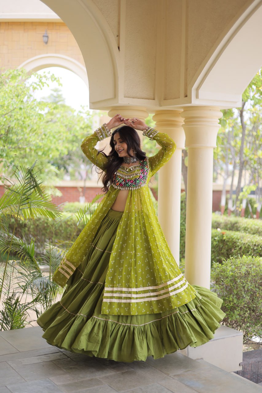 Eesha Green Kora Cotton Bandhni Lehenga & Kurti Set