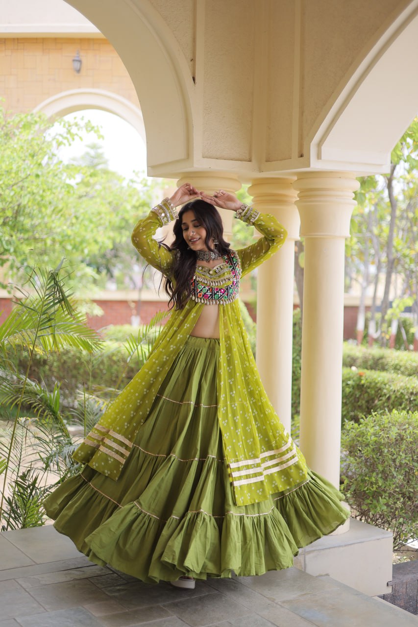 Eesha Green Kora Cotton Bandhni Lehenga & Kurti Set