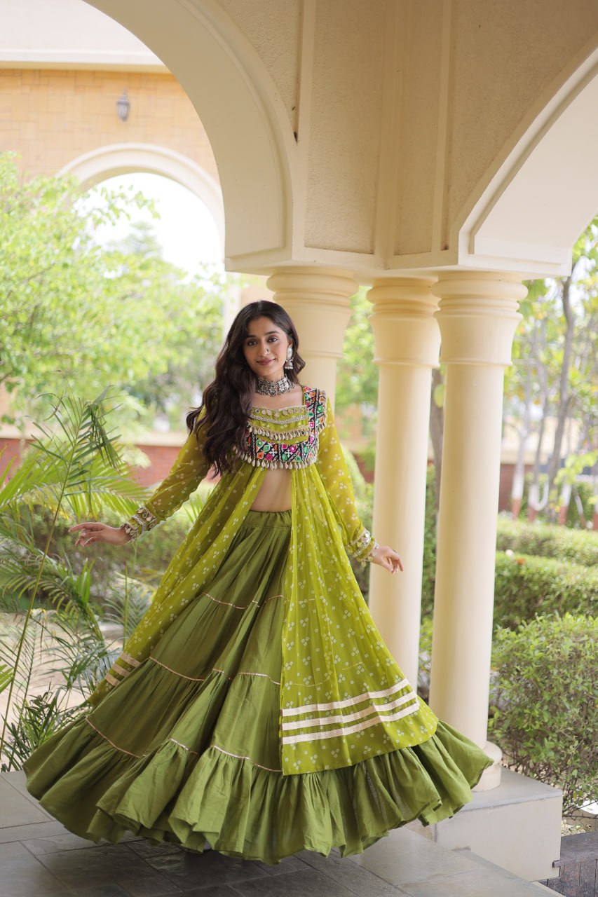 Eesha Green Kora Cotton Bandhni Lehenga & Kurti Set