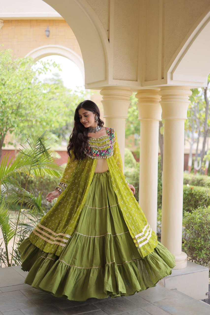 Eesha Green Kora Cotton Bandhni Lehenga & Kurti Set