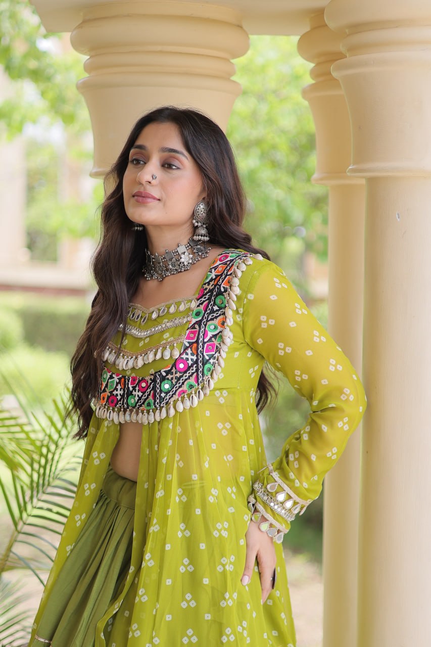 Eesha Green Kora Cotton Bandhni Lehenga & Kurti Set