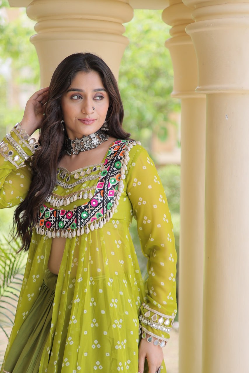 Eesha Green Kora Cotton Bandhni Lehenga & Kurti Set