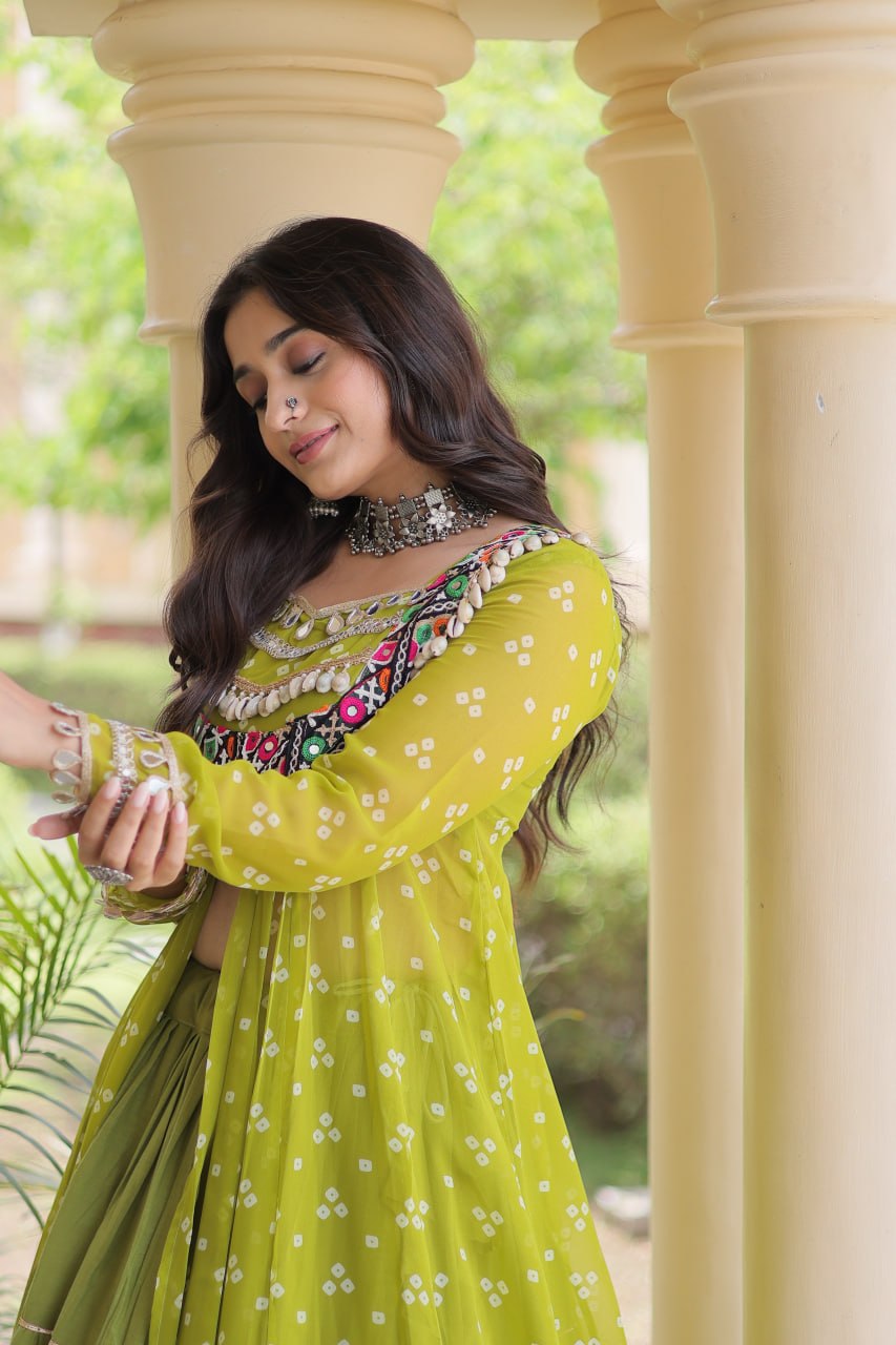 Eesha Green Kora Cotton Bandhni Lehenga & Kurti Set