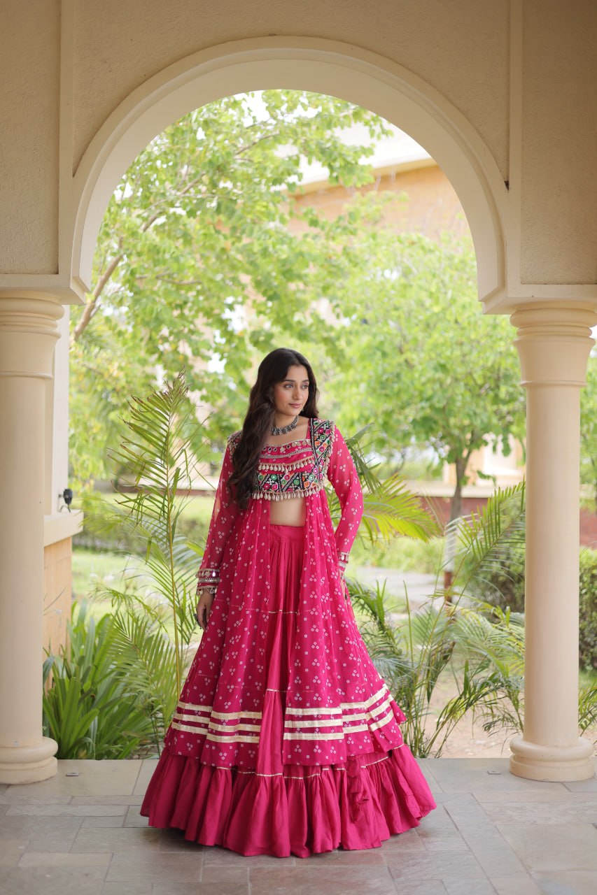 Eesha Pink Kora Cotton Bandhni Lehenga & Kurti Set