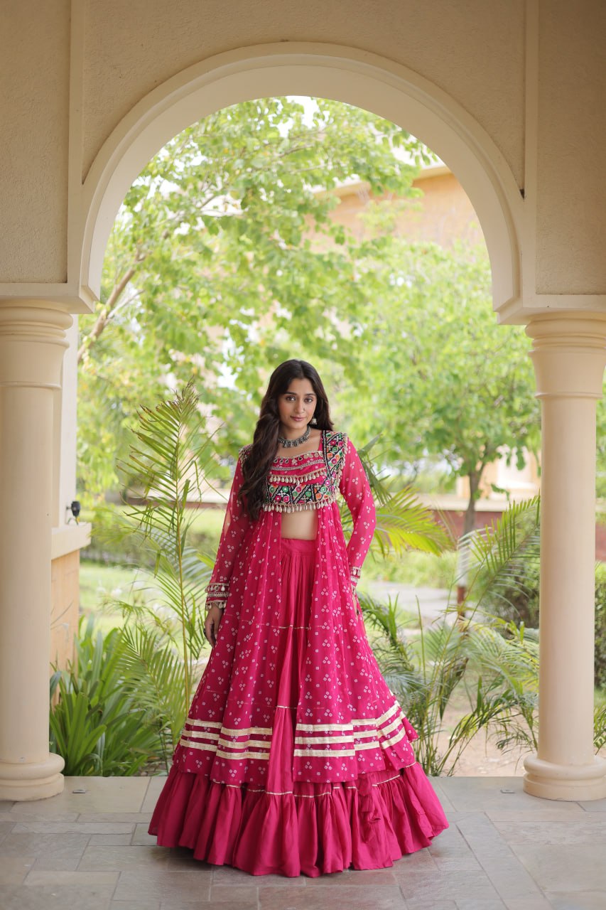 Eesha Pink Kora Cotton Bandhni Lehenga & Kurti Set