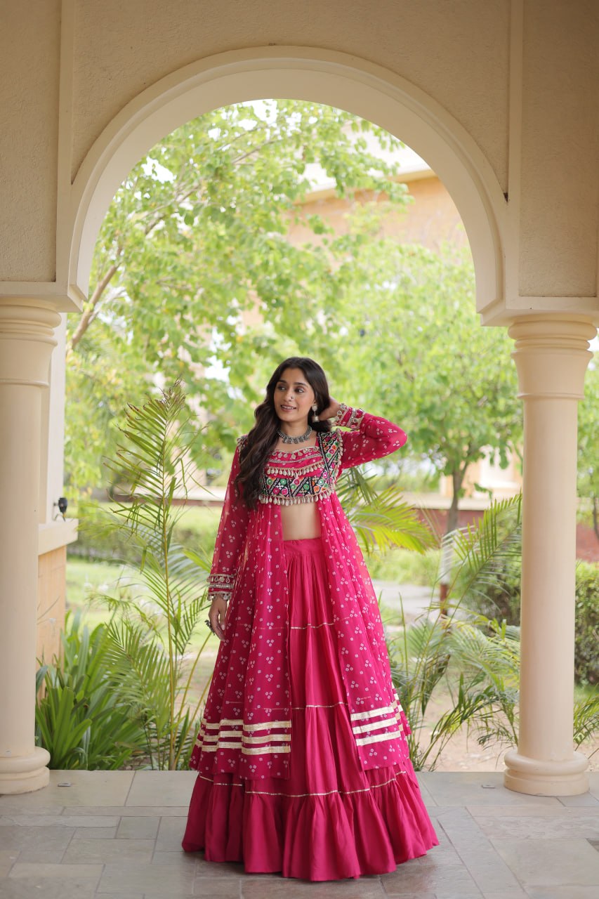 Eesha Pink Kora Cotton Bandhni Lehenga & Kurti Set