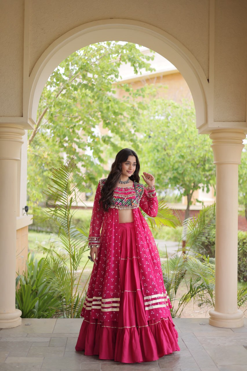 Eesha Pink Kora Cotton Bandhni Lehenga & Kurti Set