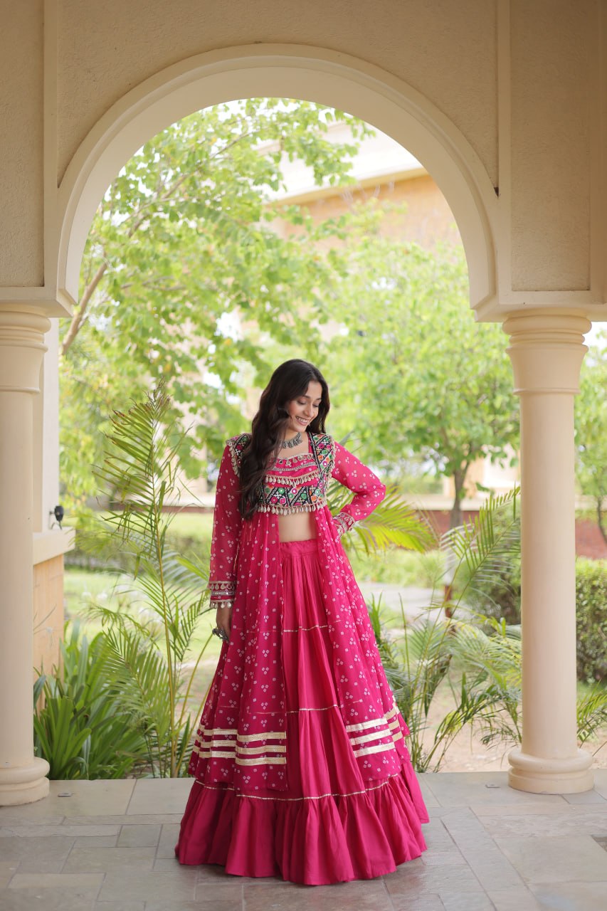 Eesha Pink Kora Cotton Bandhni Lehenga & Kurti Set