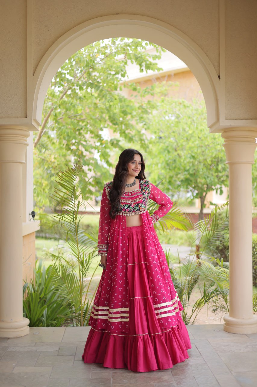Eesha Pink Kora Cotton Bandhni Lehenga & Kurti Set